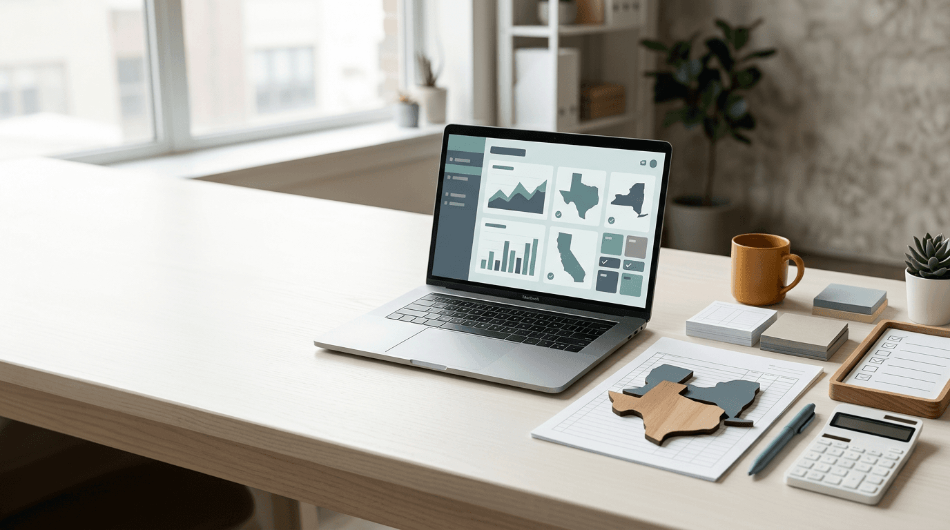 Payroll tax nexus compliance desk with state map dashboard
